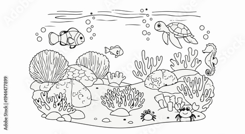 Lively underwater scene featuring marine life, coral, and sea flora