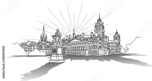 Ornate city hall with a statue and radiating sunbeams above