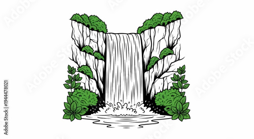Majestic waterfall cascades down rocky cliffs surrounded by lush green foliage