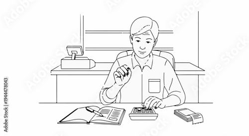 Man at desk with calculator and notebook, cash register visible