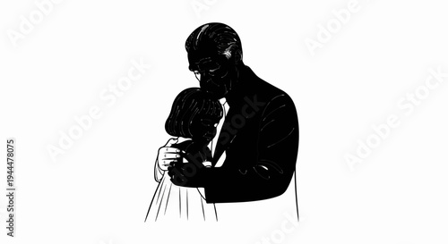 Man gently kisses a young girl while holding her close in a loving embrace