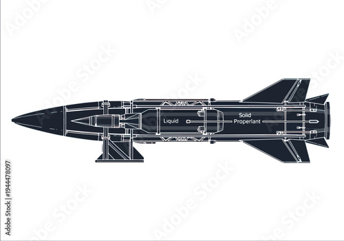 Detailed blueprint of a missile with labeled liquid and solid propellant sections