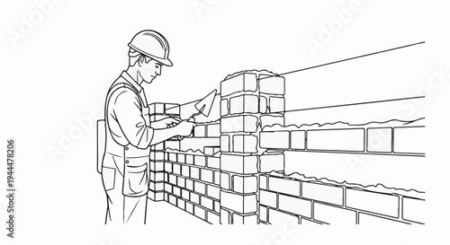 Man in hard hat and overalls skillfully laying bricks with a trowel