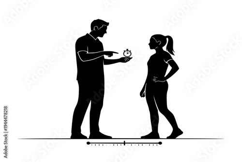 Fitness Coach with Stopwatch Timing Young Woman HIIT Training Performance Coaching Black Vector Silhouette