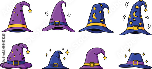 Wizard and magic hats collection with stars buckle and curved tips fantasy cartoon style flat vector illustration set