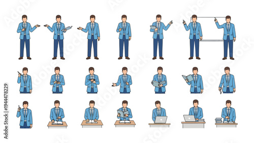 Diverse Businessman Illustration: A comprehensive collection of illustrations of a businessman, showcasing a variety of poses and actions in a professional setting, ready for any project