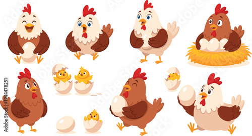 Cute Cartoon Chicken and Chick Hatching Egg Set with Happy Hens, Broken Eggshells, Baby Chicks, Nest and Farm Poultry Character Vector Collection