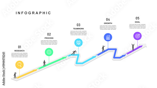 Business road map timeline infographic arrow concept. with icons and 5  steps, workflow layout, diagram, report, web design. Creative, vector, illustration.
