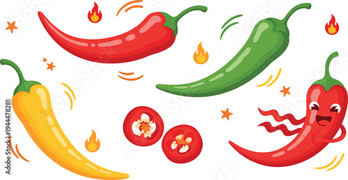 Spicy chili peppers set with red green and yellow hot peppers cartoon food vector illustration