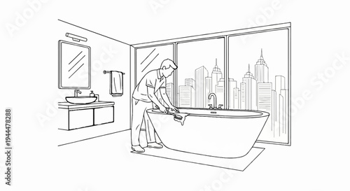 Man cleans bathtub in modern bathroom with city skyline view