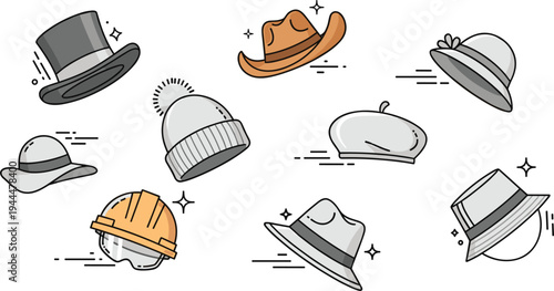 Stylish hat collection including top hat cowboy hat beanie beret fedora and construction helmet cartoon flat vector illustration set
