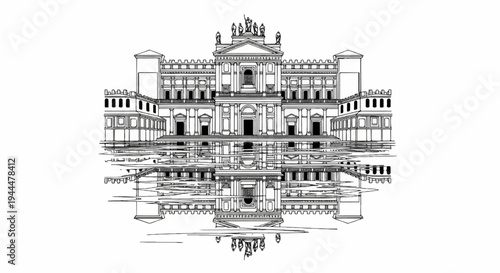 Ornate classical building reflected in rippling water, black and white sketch