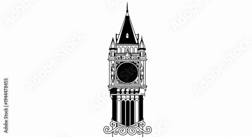 Ornate clock tower with a dark circular face and detailed spires