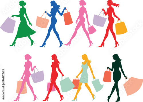 Fashion shopping women silhouettes collection, stylish female shoppers with bags walking, retail lifestyle illustration, modern vector design set