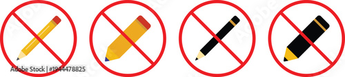 no Pencil icons set. Writing tool prohibition symbols. No graphite pencil graphic design. Stationery restriction and safety signs
