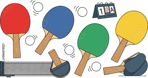 Table tennis equipment set with ping pong paddles balls net and scoreboard cartoon vector illustration