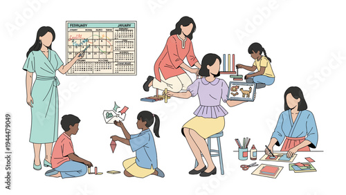 Artful Education: A vibrant illustration depicts a dedicated educator guiding children through a fun and creative educational experience, filled with artistry and growth. 