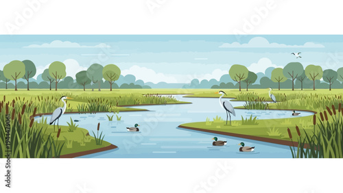 Heron Birds Standing in Wetland Area.