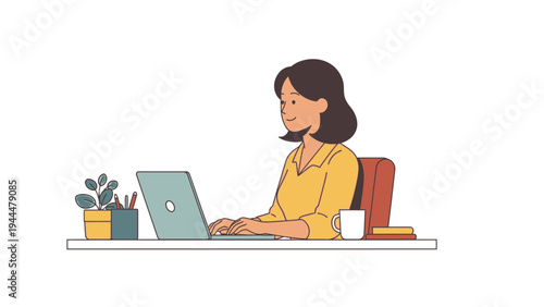Woman Working on Laptop at Desk.