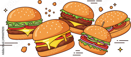Tasty hamburger and cheeseburger assortment with lettuce tomato cheese and sesame buns fast food cartoon flat vector illustration