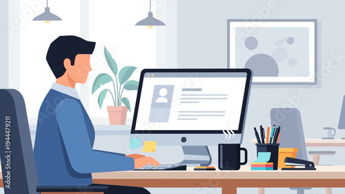 Man Working on Computer in Office.