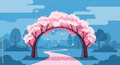Modern vector illustration of Japanese cherry blossoms festival with sakura trees forming a floral tunnel over a peaceful walking path, falling petals, clean flat spring scenery