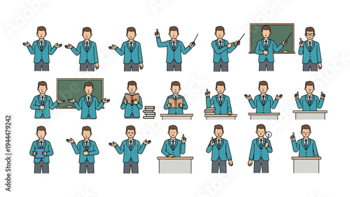 The Teacher's Expression: Set of teacher illustrations, ideal for illustrating lesson activities, this image shows a teacher with different expressions.