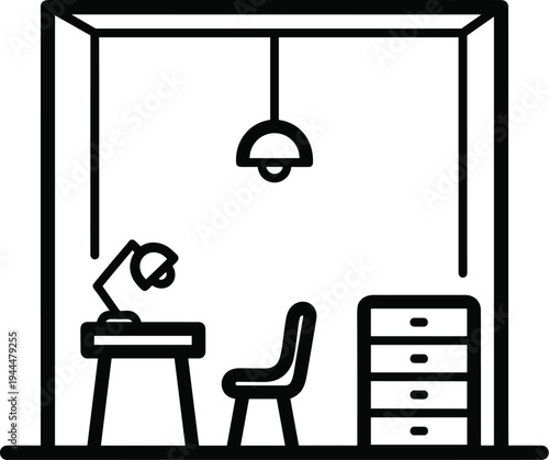 Desk lamp chair and drawers in a room silhouette interior furniture