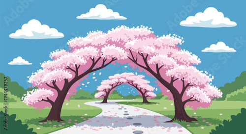 Modern vector illustration of Japanese cherry blossoms festival with sakura trees forming a floral tunnel over a peaceful walking path, falling petals, clean flat spring scenery