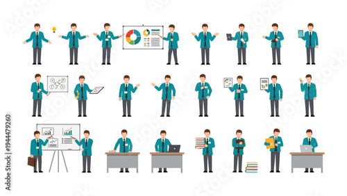 Business Man Collection: A comprehensive set of illustrations showcasing a businessman in various poses and situations, engaged in activities such as presenting, working at a desk.