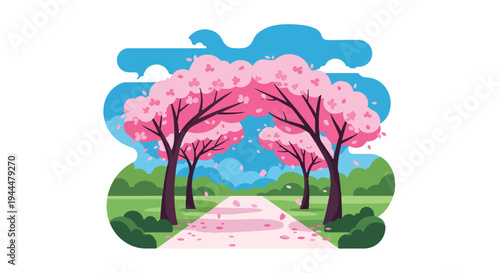Modern vector illustration of Japanese cherry blossoms festival with sakura trees forming a floral tunnel over a peaceful walking path, falling petals, clean flat spring scenery