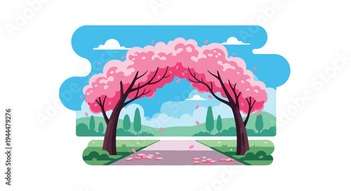Modern vector illustration of Japanese cherry blossoms festival with sakura trees forming a floral tunnel over a peaceful walking path, falling petals, clean flat spring scenery