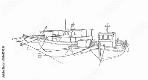 Line drawing of four fishing boats moored side by side at a harbor