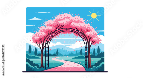 Modern vector illustration of Japanese cherry blossoms festival with sakura trees forming a floral tunnel over a peaceful walking path, falling petals, clean flat spring scenery