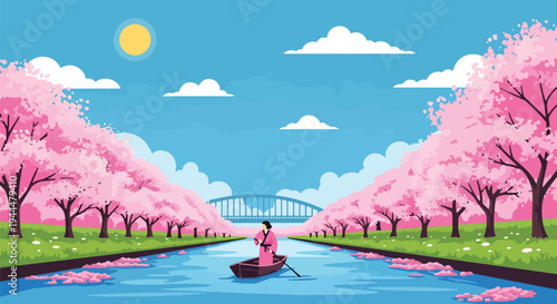 Modern vector illustration of Japanese cherry blossoms festival along a calm riverside with blooming sakura trees, bridge silhouette, and spring reflections in flat style