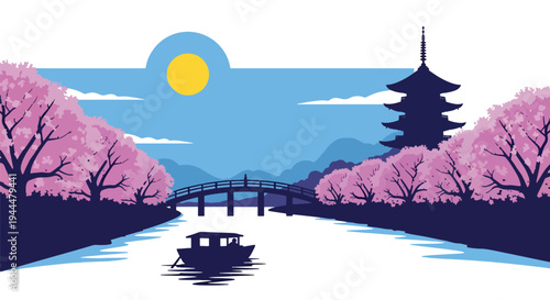 Modern vector illustration of Japanese cherry blossoms festival along a calm riverside with blooming sakura trees, bridge silhouette, and spring reflections in flat style