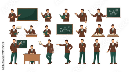 Teacher Poses for Education Illustration: A collection of educational illustrations featuring a male educator in various teaching poses, ideal for educational or training materials. 