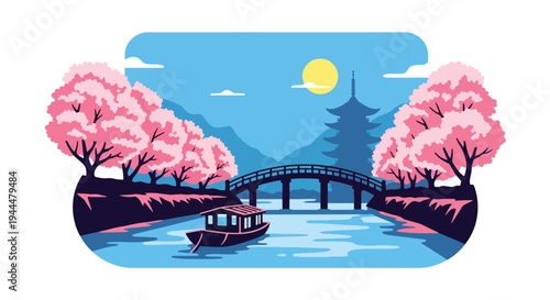 Modern vector illustration of Japanese cherry blossoms festival along a calm riverside with blooming sakura trees, bridge silhouette, and spring reflections in flat style