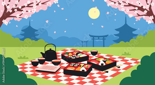 Modern vector illustration of Japanese cherry blossoms festival picnic scene with bento boxes and tea under blooming sakura trees, bright spring park atmosphere