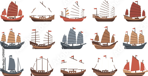 Traditional Chinese Junk Sailboat Vector Set with Asian Wooden Sailing Ships, Maritime Transport Boats, and Vintage Nautical Illustration Collection
