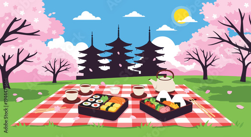 Modern vector illustration of Japanese cherry blossoms festival picnic scene with bento boxes and tea under blooming sakura trees, bright spring park atmosphere