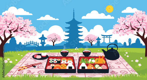 Modern vector illustration of Japanese cherry blossoms festival picnic scene with bento boxes and tea under blooming sakura trees, bright spring park atmosphere