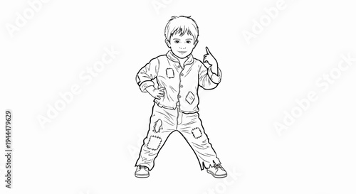Line drawing of a young boy in patched, tattered clothing with a finger raised