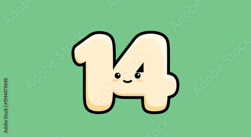 Cute Cartoon Number Fourteen with a Happy Face