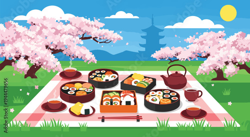 Modern vector illustration of Japanese cherry blossoms festival picnic scene with bento boxes and tea under blooming sakura trees, bright spring park atmosphere