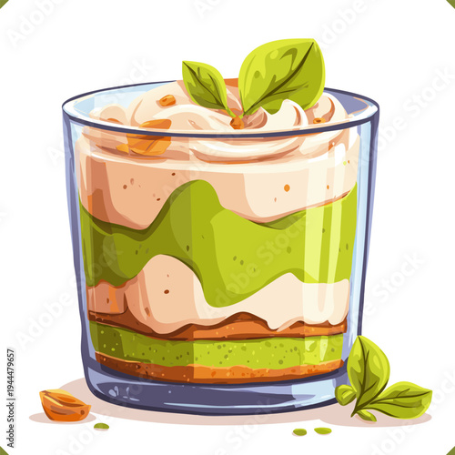 Vector illustration of layered matcha tiramisu dessert in glass, isolated on white background