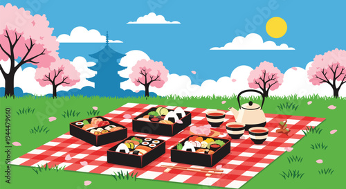 Modern vector illustration of Japanese cherry blossoms festival picnic scene with bento boxes and tea under blooming sakura trees, bright spring park atmosphere