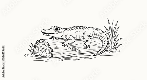 Line drawing of a young alligator resting on a log near reeds