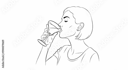 Line drawing of a woman with short hair drinking from a glass