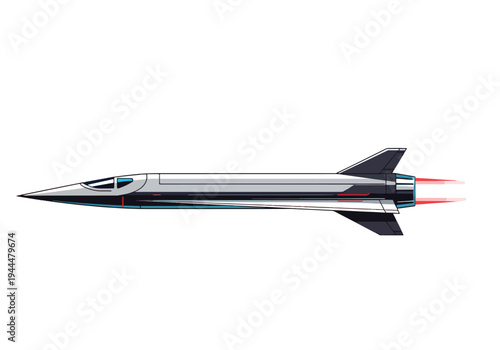 Silver futuristic rocket ship with red flames isolated on white background
